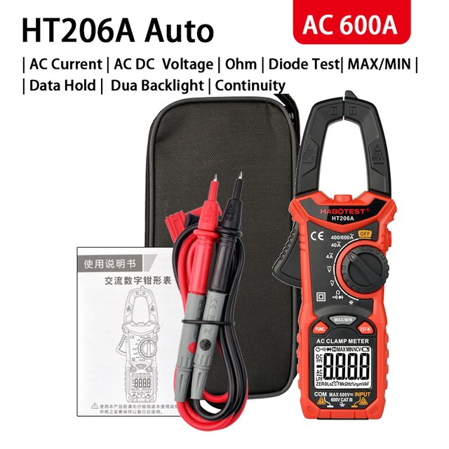 Clamp Multimeter DC Curent Clamp Meter Digital True RMS Capacitance AC DC Ohm Hz C/F Pinza Amperimetrica Tester: HT206A 600A Auto