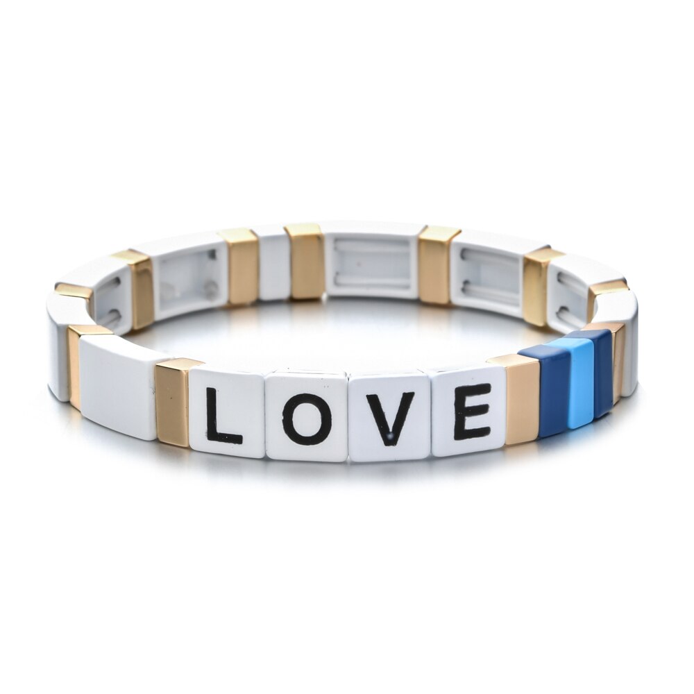 Mode Kleurrijke Regenboog Emaille Tegel Armband Vrouwen Meisjes Brief Liefde Armbanden Elasticiteit Manchet Bangles Partij Sieraden