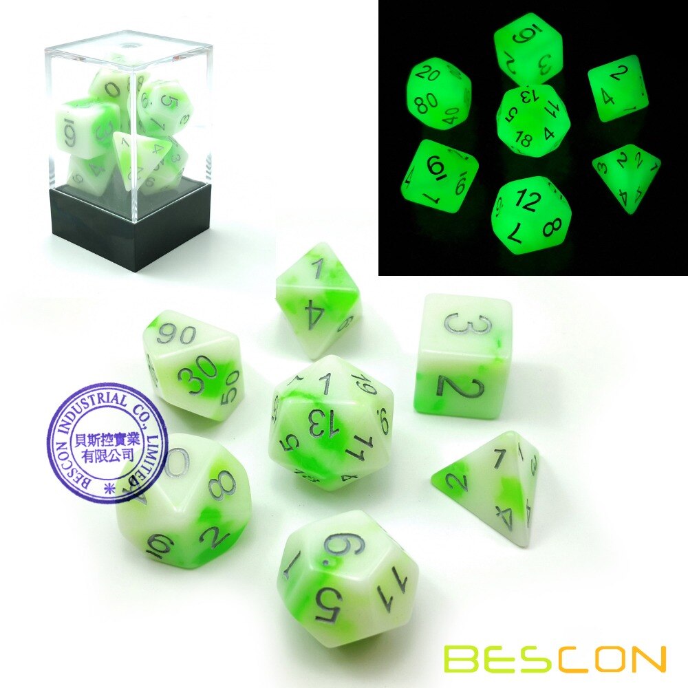 Bescon Gloeiende Polyhedral Rpg Dobbelstenen Set Lichtgevende Jade, Bescon Glow In Dark Poly Dobbelstenen Set Van 7, dnd Rol Playing Game Dobbelstenen