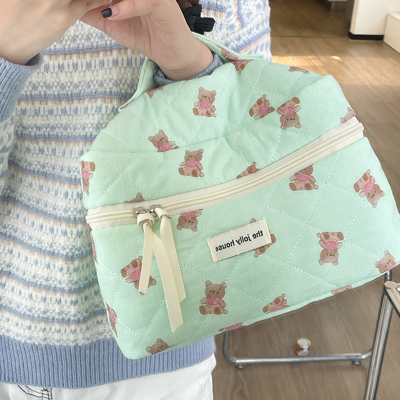 Cartoon Bear Tote Cosmetic Bag Women Quilting Cotton Mini Make Up Orgainzer Storage Pouch Portable Travel Wash Bags: black