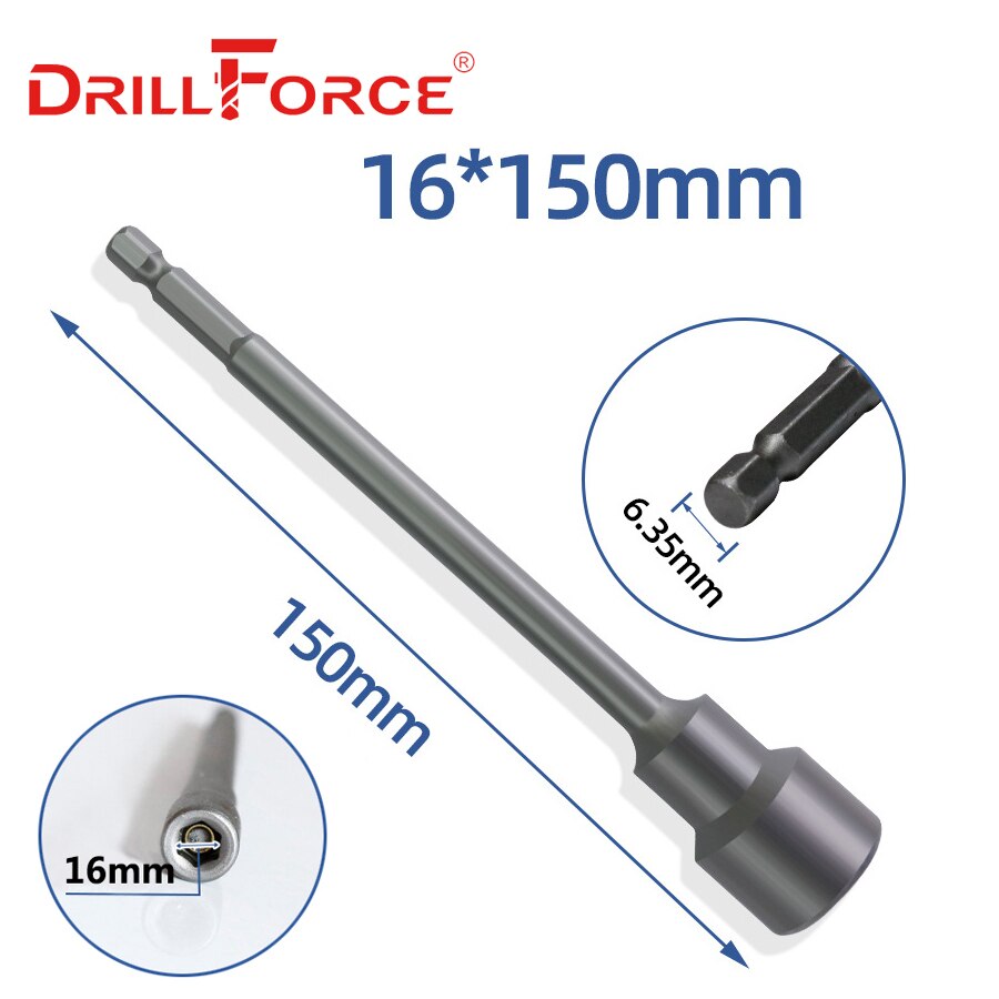 Drillforce 5.5-19x150mm Magnetic Nut Driver Set Impact Socket Sleeve Adapter Screwdriver Drill Bit 1/4" Quick Change Hex Shank: 16x150mm