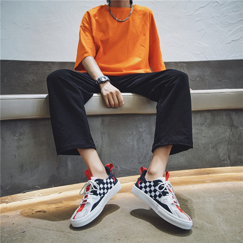 Heren schaakbord canvas schoenen, heren zwart-witte skateboardschoenen, heren casual schoenen, maat 39-44