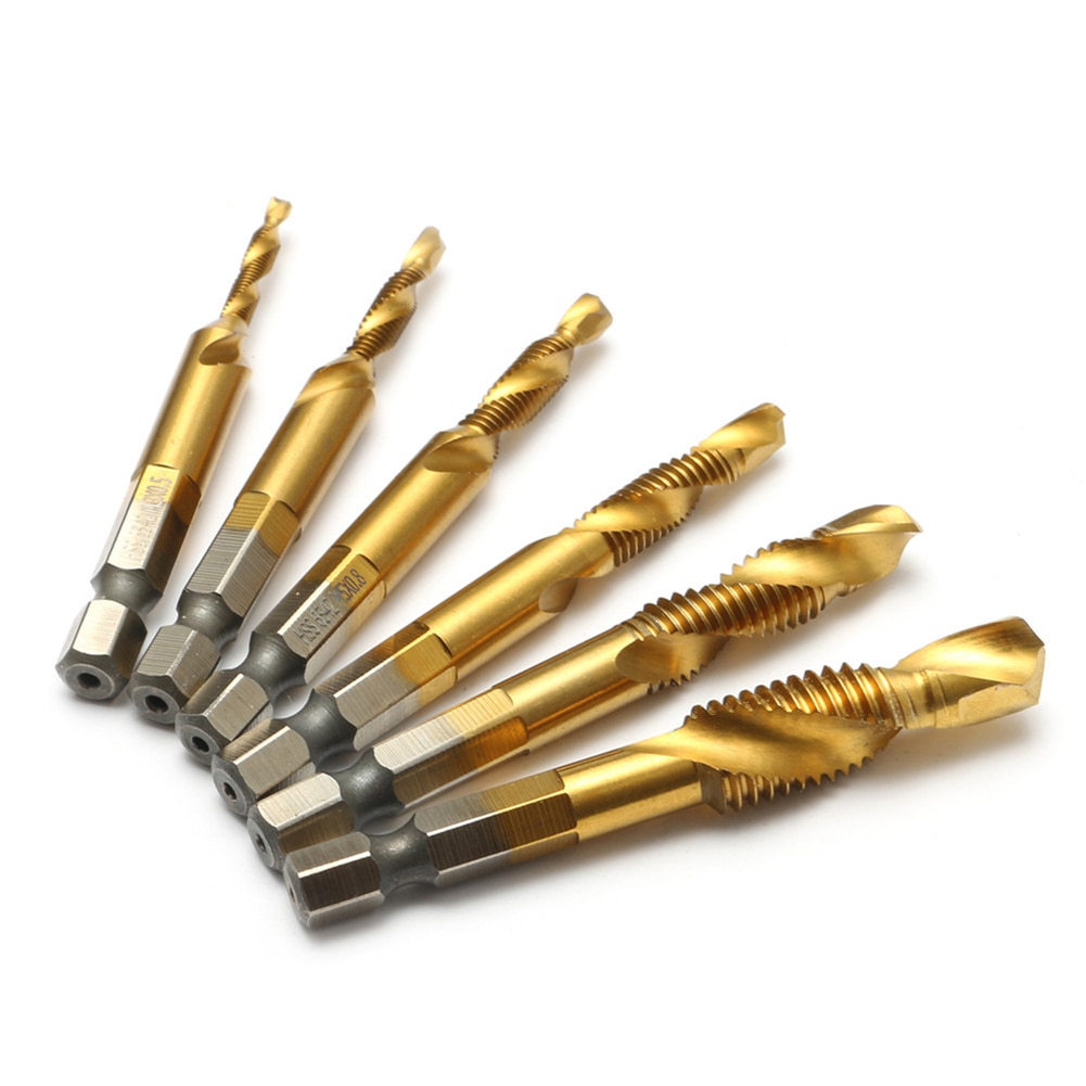 6Pcs M3-M10 Screw Tap Drill Bits HSS Screw Thread Woodworking Metric Tap Combination Bit High Speed Steel Titanium 1/4 Hex Shank