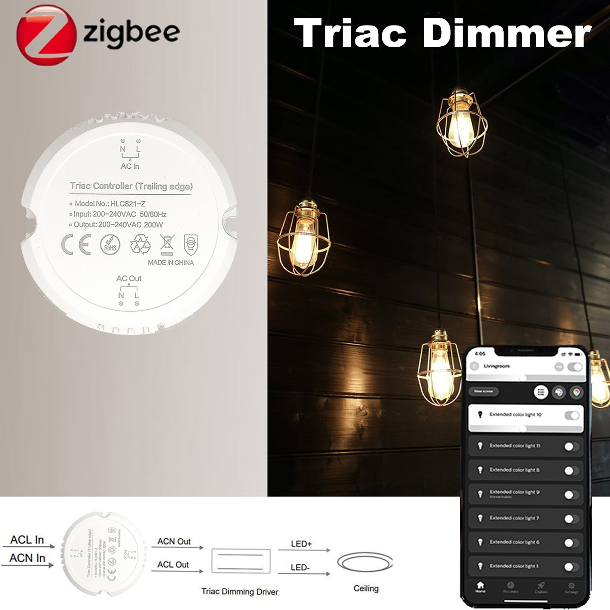 AC 220V Smart ZigBee 3.0 200W Triac Light Controller Dimmer Smart Home Modified Switch For Hu*e Echo TUYA Plus Smartthings Hub