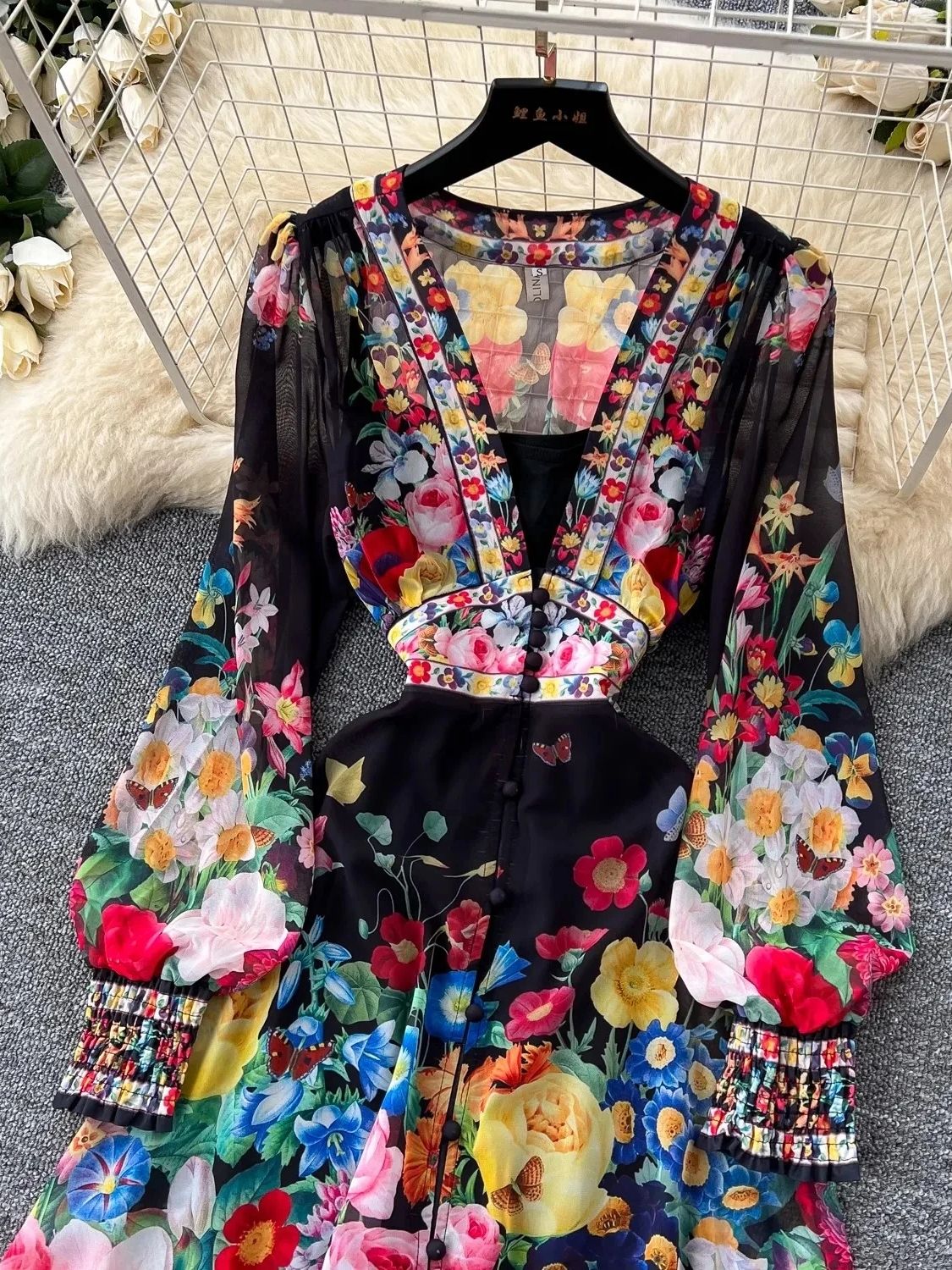 Summer Gorgeous Floral Dress Women's Long Sleeve Ruffles V Neck Flower Print Buttons Chiffon Bohemain Robe Vestidos