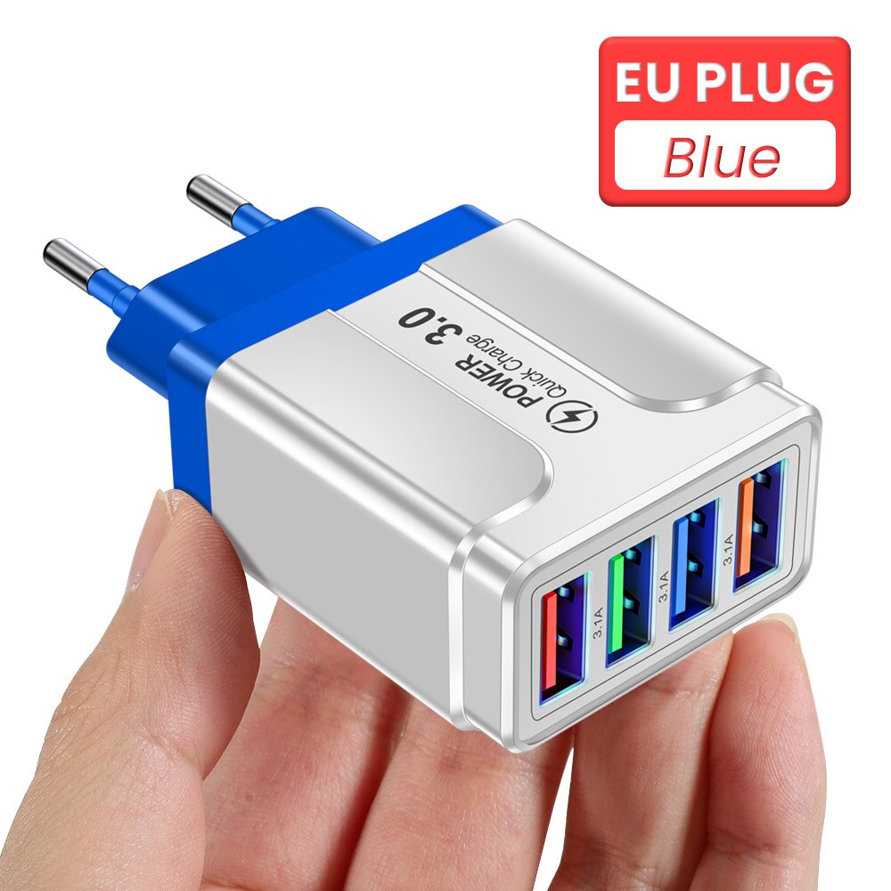 4 Poorten Usb Charger 3.1A Quick Charge Travel Charger Eu/Us/Uk Plug Snel Opladen Lader Voor iphone 13 12 Pro Xiaomi Redmi: BLUE EU PLUG