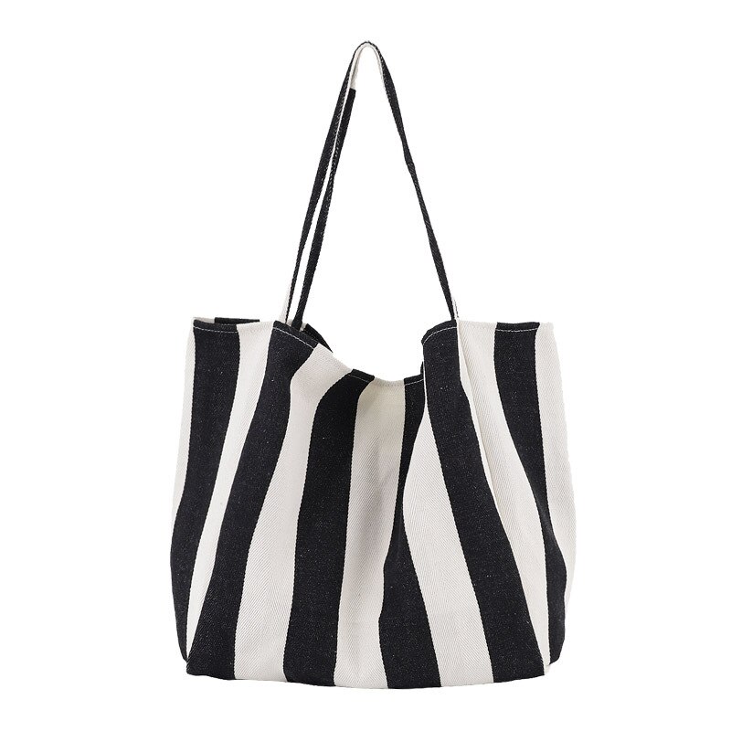 Large Capacity Canvas Women's Bag Retro Simple Striped Women's Shoulder Bag Multifunctional Casual Open Tote Shopping Bag: Wide Bar-Black