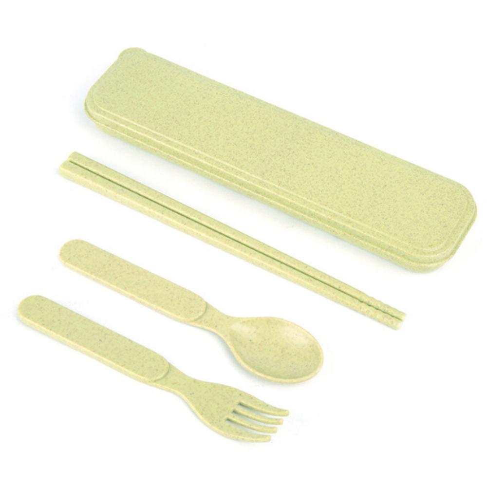 3 Stks/set Vork Lepel Servies Sets Reizen Bestek Draagbare Bestek Case Japan Stijl Student Tarwe Stro Keuken Servies: yellow