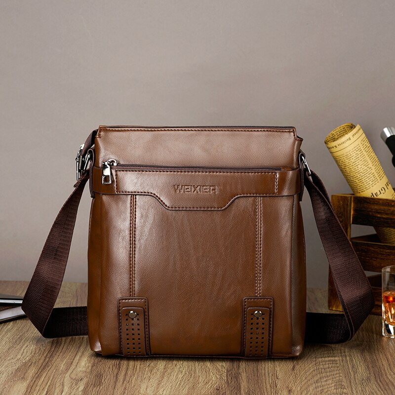 Sac à bandoulière en cuir à fermeture éclair pour homme, sacoche verticale de couleur unie, 2022: Brown
