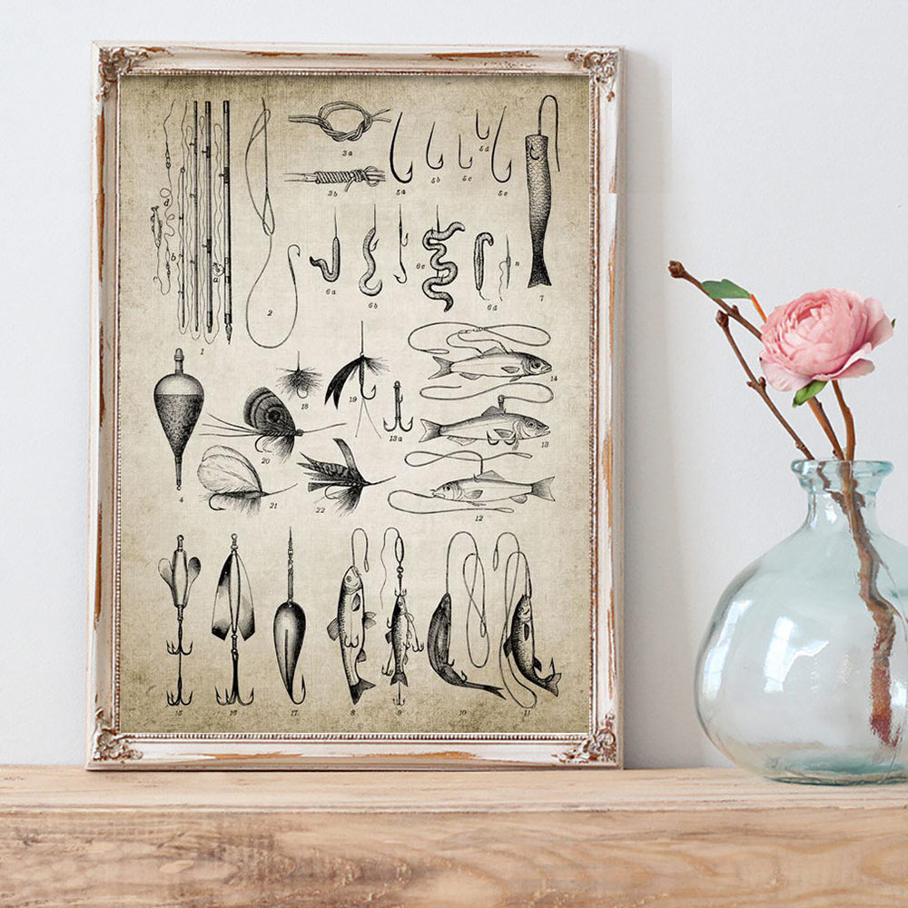 Fishing Lure Illustration Painting Fishing Poster Rod Hooks Wall Art Vintage Poster Angling Poster Kraft paper
