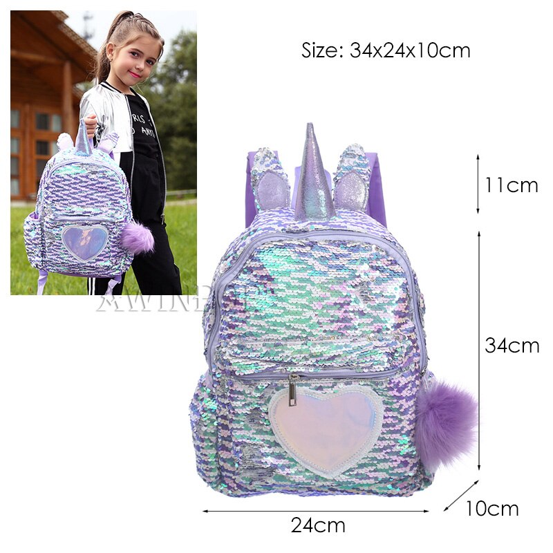 Mermaid Sequin Backpack for Girls Children Large 3D Cartoon Unicorn School Bag Teenager Hologram Heart Love Backpack: 14