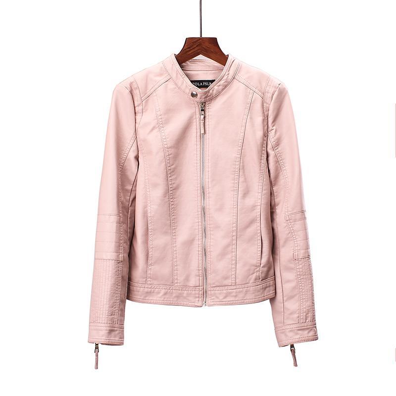 Spring Autumn Women Biker Leather Jacket Soft PU Leather Outwear Short Slim Zippers Biker Jackets: pink / M