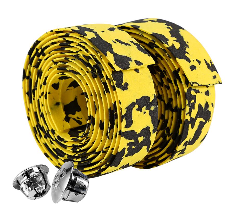 2 stk cykelbandagetape mouantain landevejscykel cykelstyrtape camouflage cykelhåndtag bælte kork wrap med stangpropper: Gul og sort