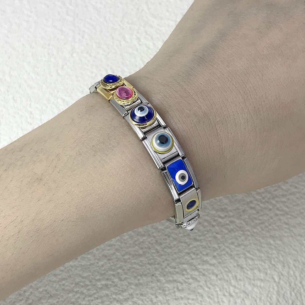 2025 azul esmalte ojo sol Luna estrella encanto enlaces italianos ajuste 9mm pulsera de acero inoxidable hacer joyería DIY