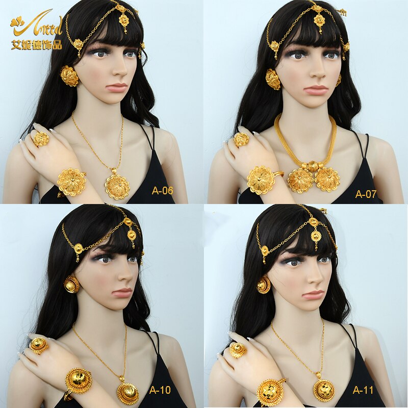 ANIID Dubai Ethiopian Flower Gold Plated 6pcs Jewelry Sets For Women Nigerian Luxury Necklace Jewellery Set Wedding Party
