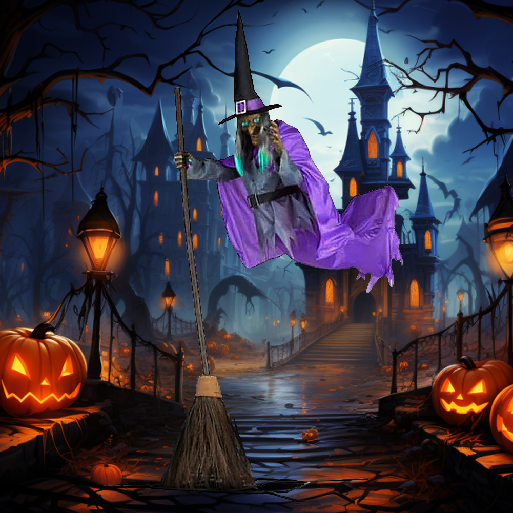 Flyvende heks halloween-dekoration uhyggelig flyvende heksedekoration med skræmmende lyde og lys udendørs have rædselslayout ornament