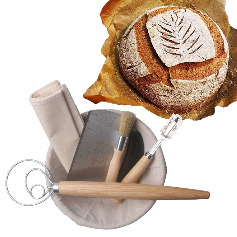 Banneton-herramientas para panadero de pan de campo europeo, cesta redonda de mimbre a prueba de agua, juego de 6 piezas con cepillo delineador, espátula para masa