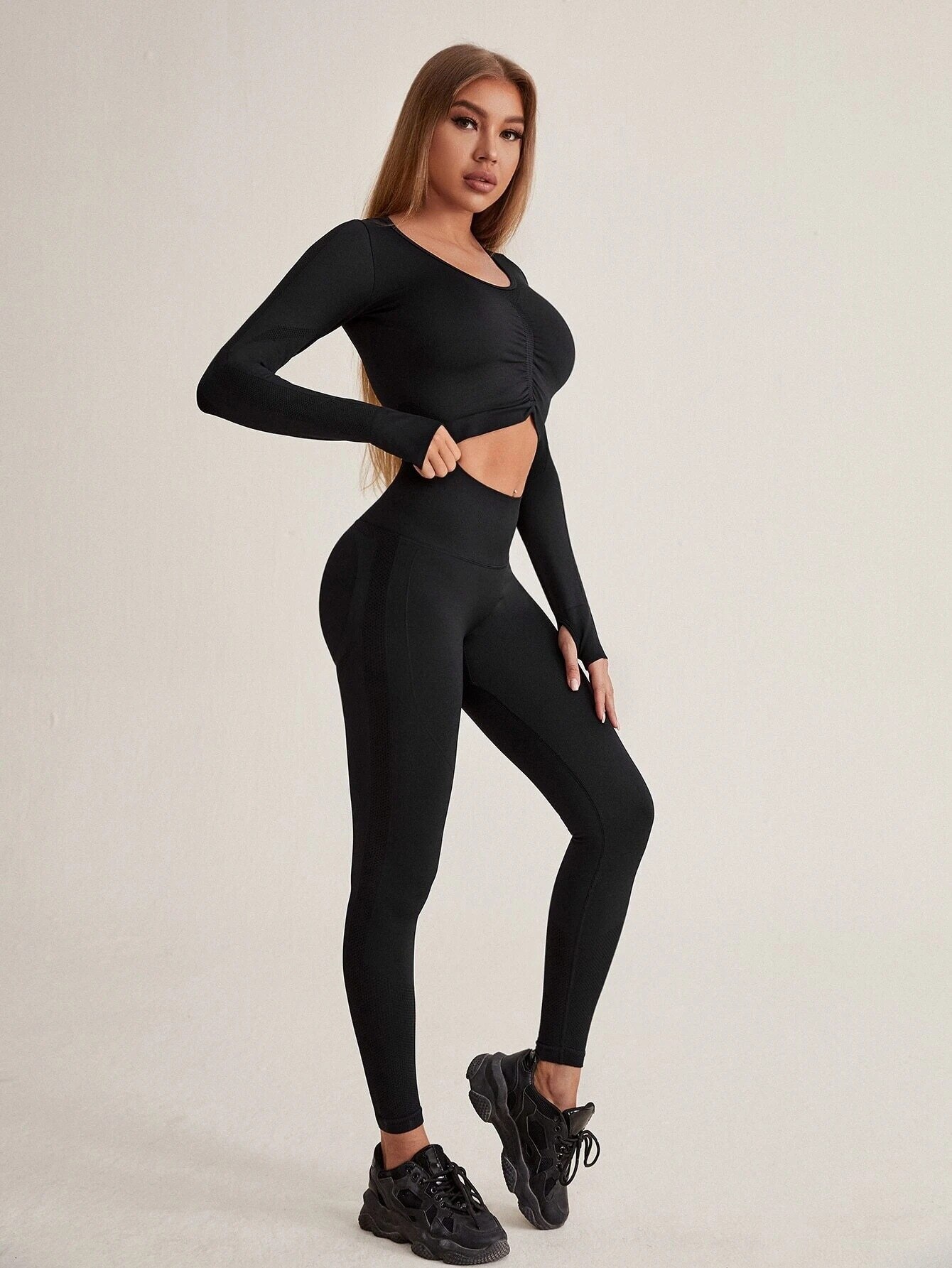 Chrleisure 2 Stuk Yoga Pak Vrouwen Naadloze Fitness Set Lange Mouw Crop Top Running Leggings Sport Set Workout Sportkleding: Black / S