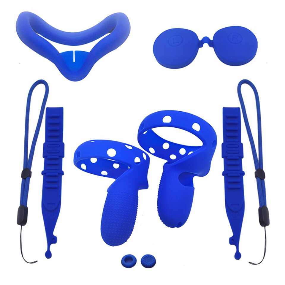 VR Silicone Accessory Kit With Lens Cover Controller Cover For Oculus Quest 2 Eye Pad Touch Grips Hand Strap: Full set Blue