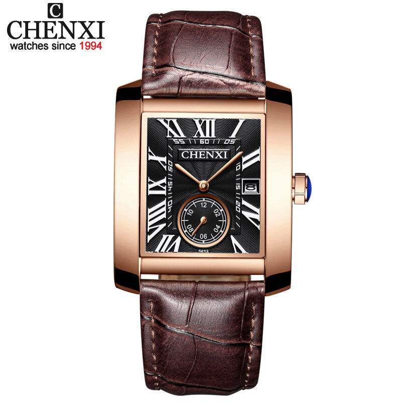 Chenxi firkantet ur herreure analoge kvarts armbåndsure herre læder vandtæt dato kronograf montre homme: Brun sort