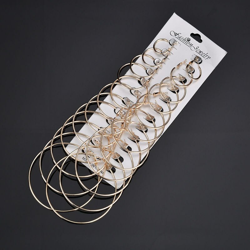12-piece Earrings Set of Exaggerated Geometric Big Circle Earrings for Women Hollow Round Gold Silver Colour Small Ears Ring: Gold-color