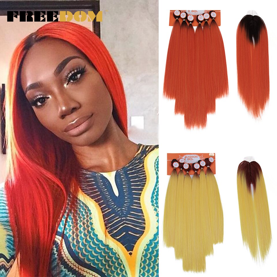 FREEDOM mèches Yaki synthétiques lisses ombrées de 16 à 20 pouces avec Closure, extensions de cheveux, lot de 7 pièces