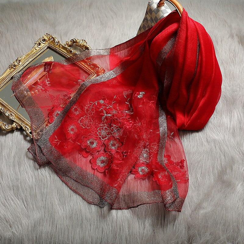 Kvinder silkeuld blomster broderi foulard pashmina hijab sjaler indpakning luksus solid kashmir vinter tørklæder: Sm -1- rød