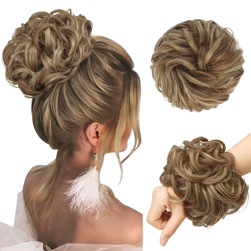 Moño desordenado pieza de cabello rizado ondulado moño extensiones de coleteros sintético despeinado Updo postizos para mujeres: Color natural