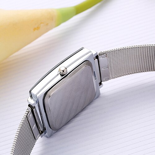 Men Women Rectangle Dial Stainless Steel Net Strap Quartz Wrist Watch