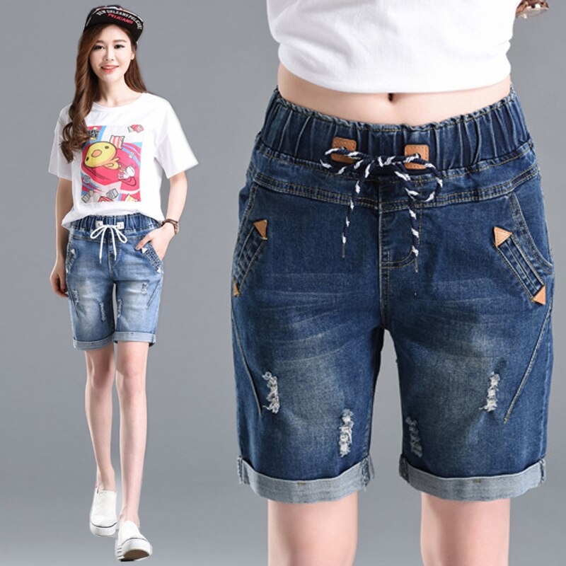 Été denim shorts cinq points jeans shorts femme taille élastique grande taille décontracté lâche trou denim shorts avec poches
