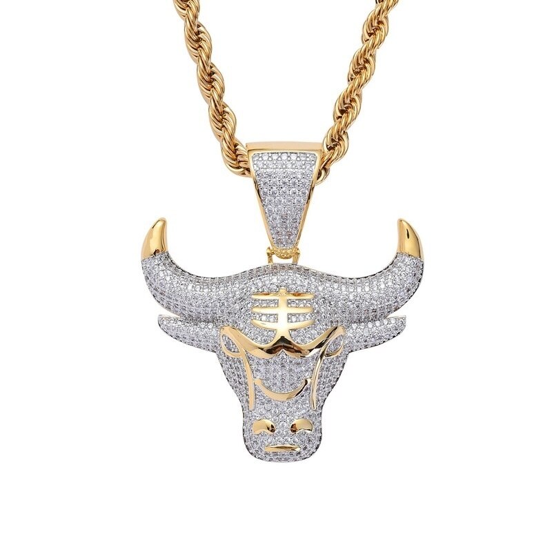 Men Hip Hop Full Rhinestone Bull Head Pendant Necklace Sparkling Ice Out Stainless Steel Gold Necklace