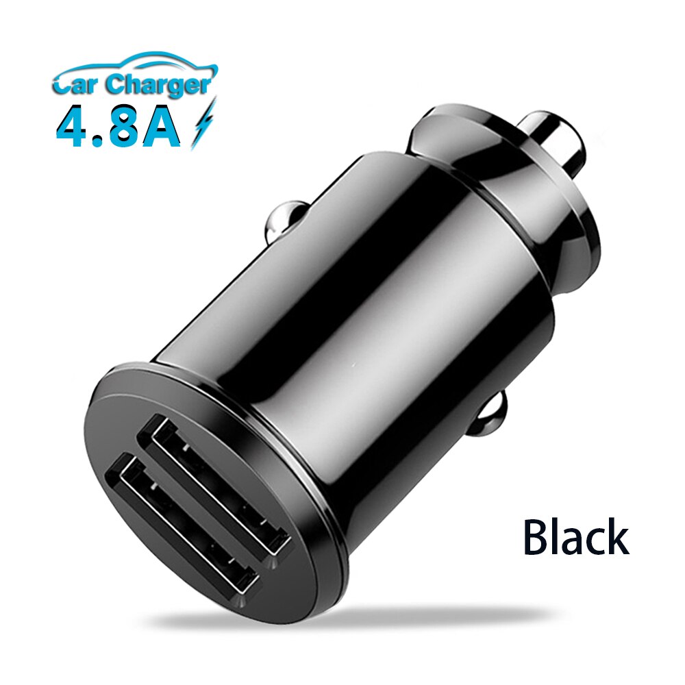 Mini Car Charger For iPhone Samsung Xiaom Huawei 4.8A Fast Car Charging Dual 2 Port USB Car Charger Adapter Mobile Phone Charger: Black Car Charger