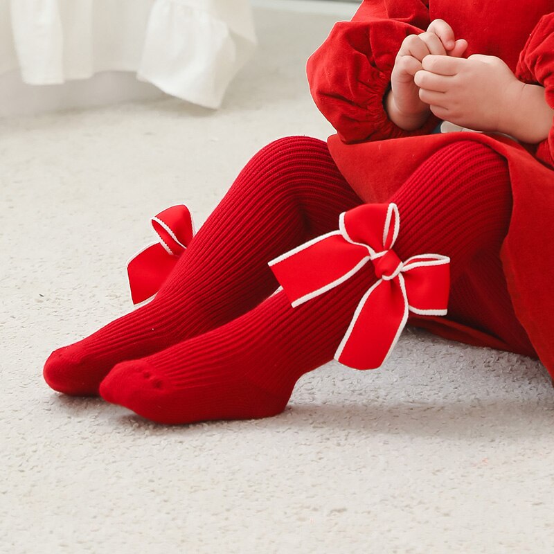 Infant Baby Christmas Ribbed Pantyhose, Girls Stretch Mid-Rise Tights with Bows Warm Stockings for Winter , 6Months-6Years