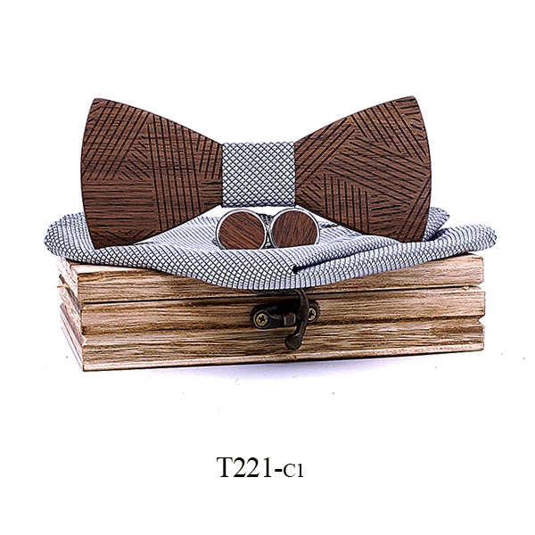 Conjunto de pajarita de madera a cuadros para hombre, conjunto de pajarita de madera a rayas, pañuelo y gemelos con caja de madera para hombre, de boda: T221-C1
