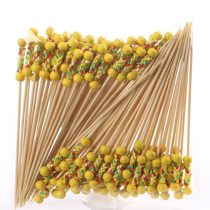 100PCS Gold Beads Bamboo Fruit Sticks For Kids Cocktail Decoration Picks Salad Sandwich Buffet Toothpicks Wedding Party Supply: Yellow Beads