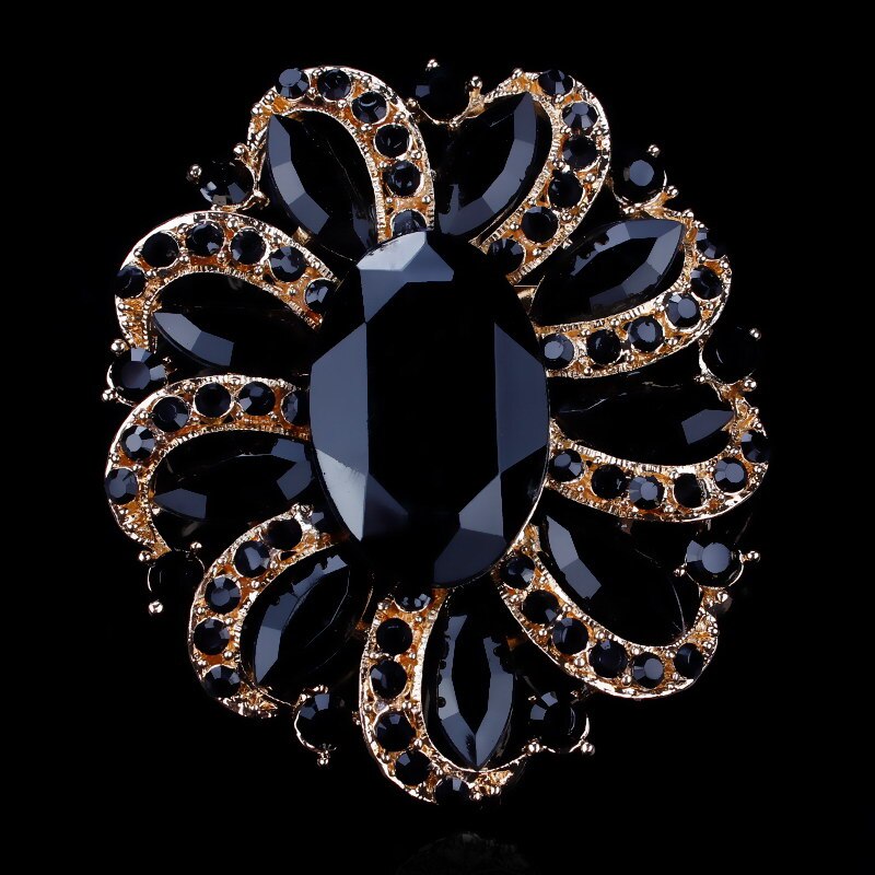 Fabriek Directe Verkoop Klassieke Kristallen Steentjes en Grote Ovale Acryl Bloem Broche Pins voor Vrouwen in Diverse Kleuren: BLACK GOLD