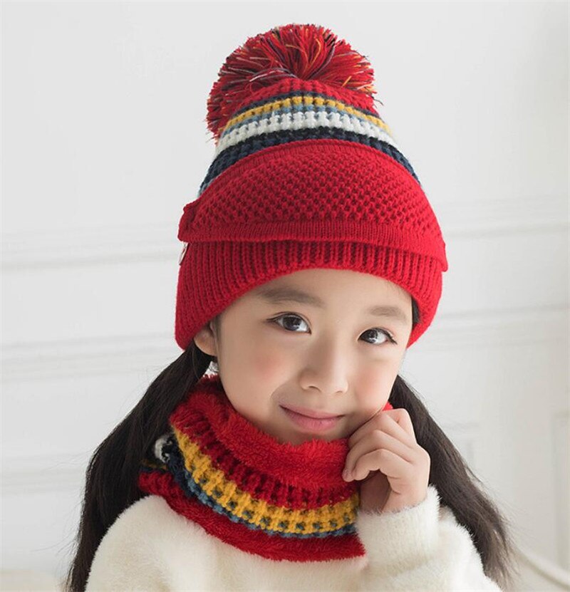 Girls Winter Knit Hat And Scarf Set Child Plush Warm Pom Pom Cap Scarves With Mask Big Kids Stripe Circular Scarf Hat 4-12T: Red