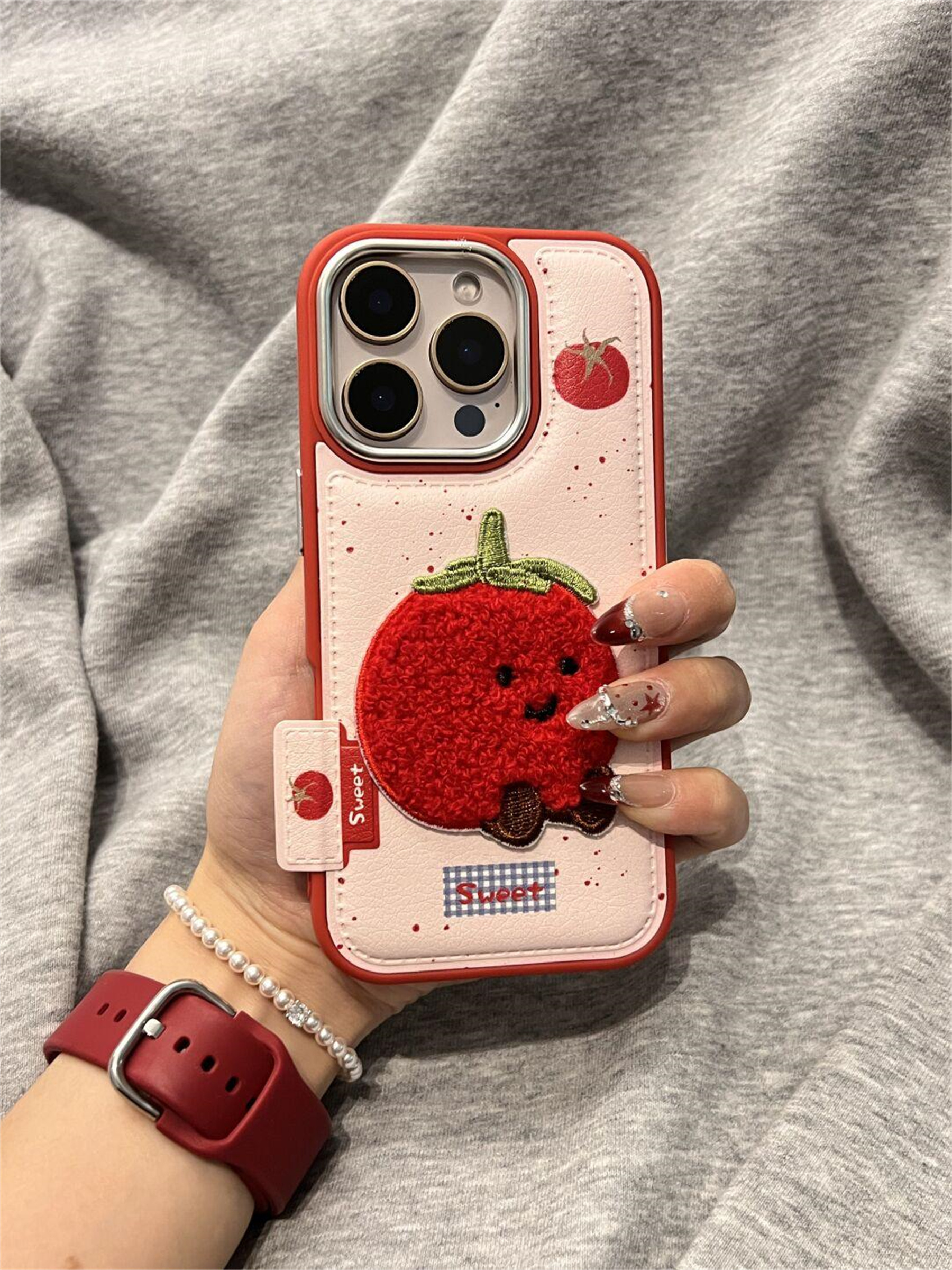 Ins coréen mignon broderie tomate cuir coque de téléphone pour iPhone 16 15 14 13 Pro Max 15 14 16 13 Pro caméra Protection couverture arrière