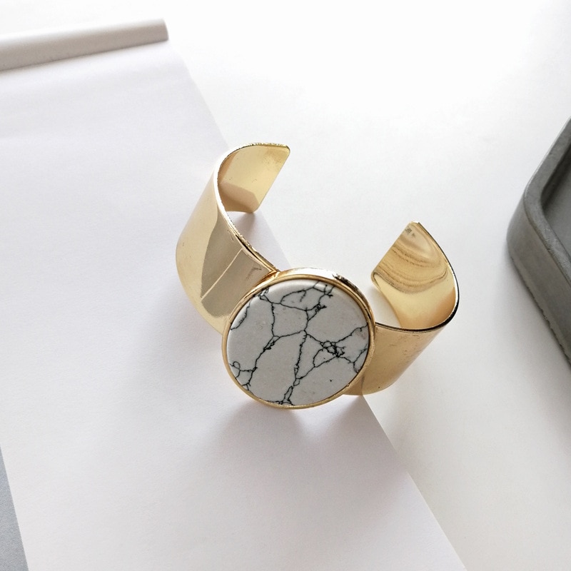 Jewelry Cuff Shiny Golden Plating Wide Metal Cuff With White Black Composite Stone Bracelet Women Jewelry Party