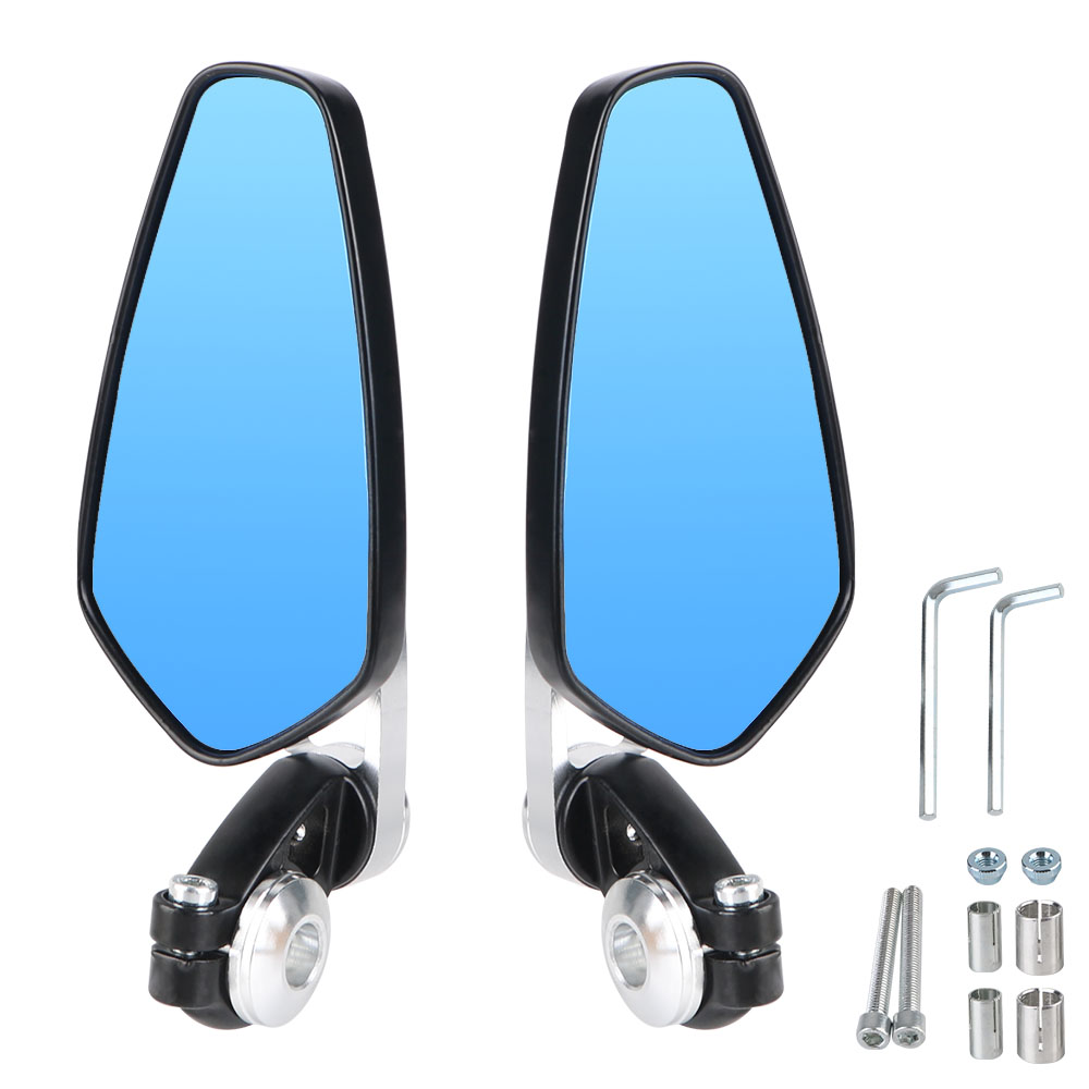 Handle Bar End Zijspiegel Groothoek Motorfiets Achteruitkijkspiegels Voor 7/8 "22mm Stuur Blauw Glas 360 ° Roterend Anti-glare: Zilver