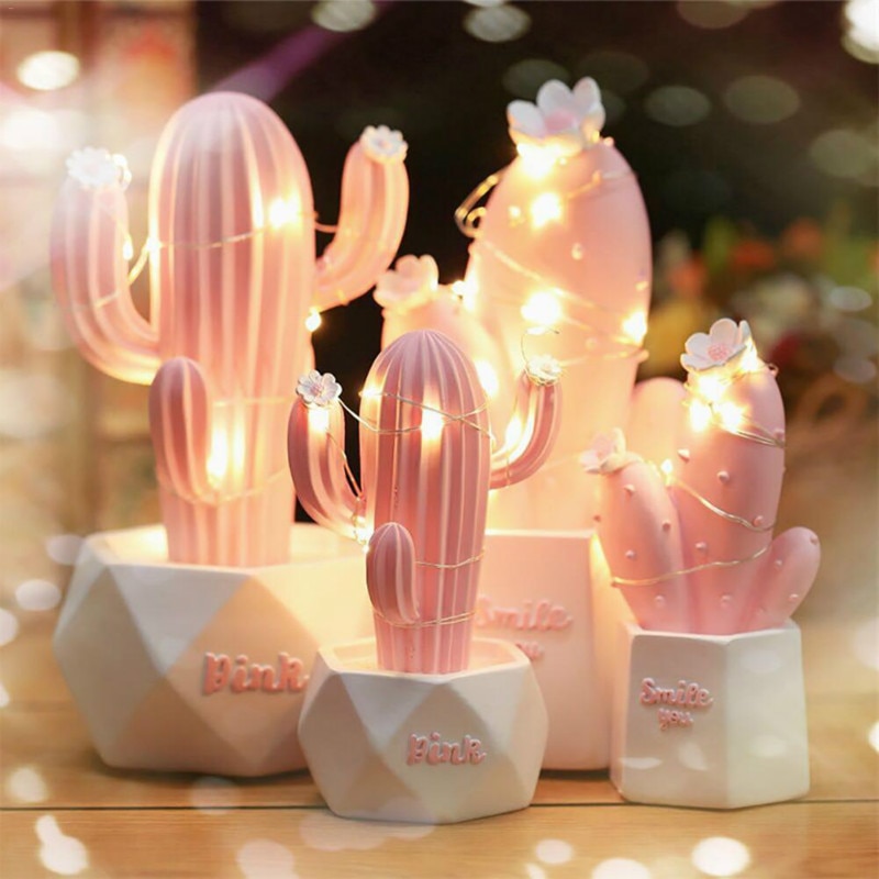 Ins Cactus LED Tafellamp Roze Leuke Meisje Hart Droom Ster Lamp Kleine Creatieve Nachtlampje Slaapkamer Decoratie kinderen