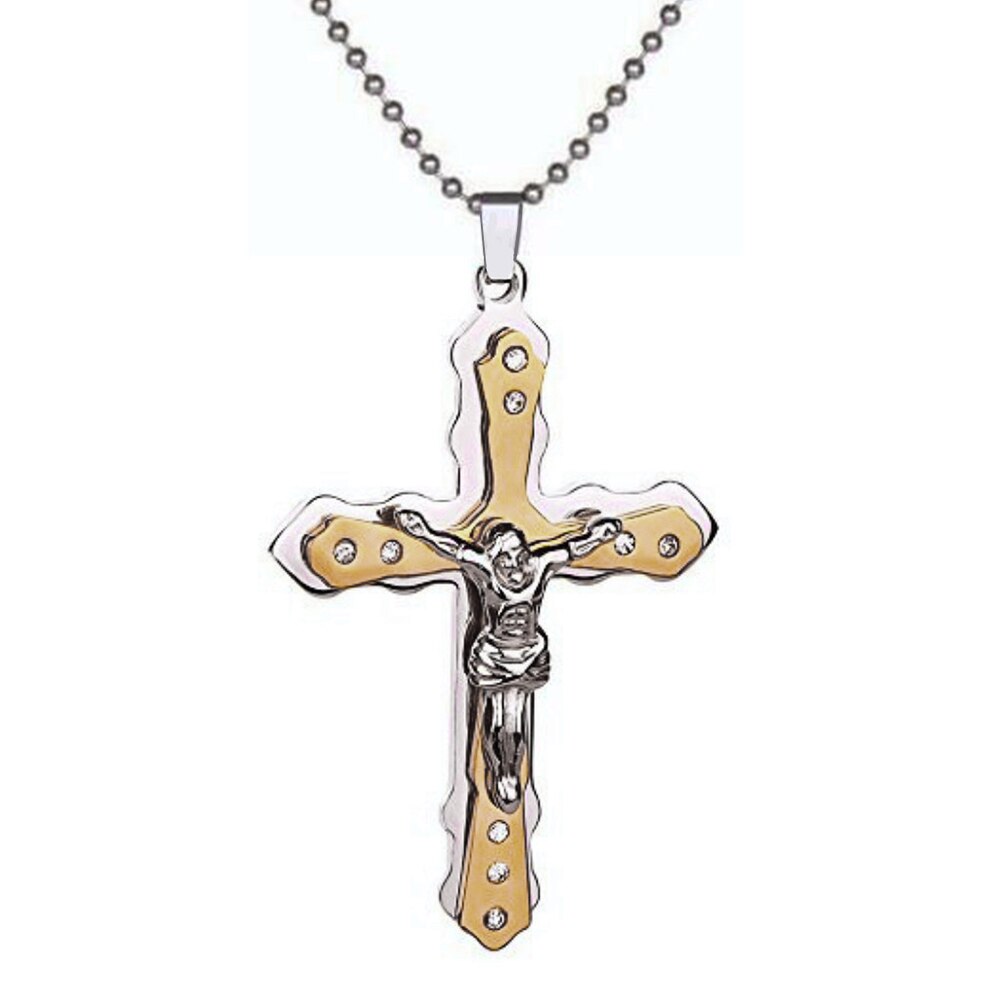 Legering guld färg kors hänge halsband jesus kors strass inlagt hänge halsband män religiös tro smycken: Gyllene