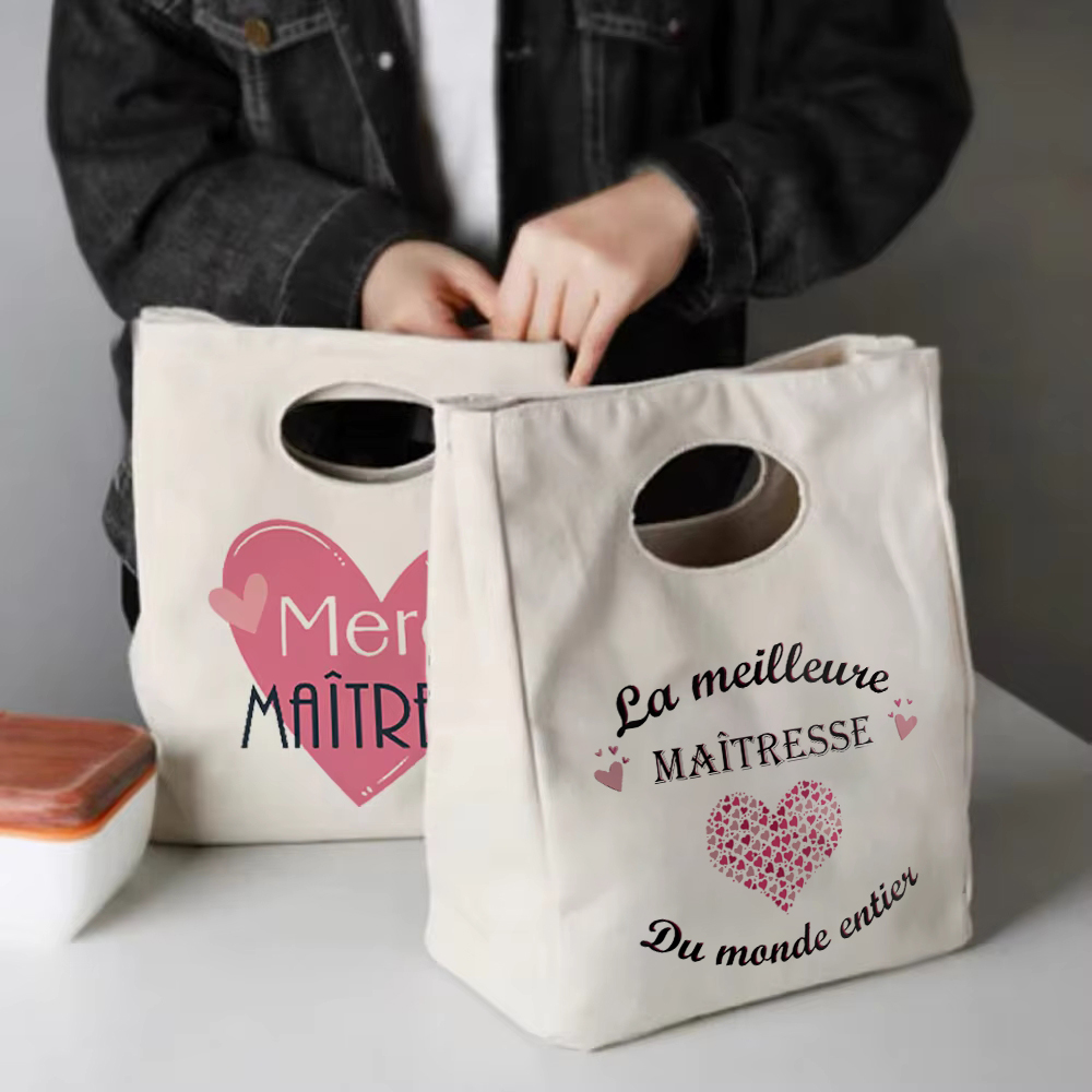 Merci Maitresse Print Lunch Bag Przenośna izolowana płócienna torba termiczna Bento Tote Thermal School Torby do przechowywania żywności Prezent dla nauczyciela