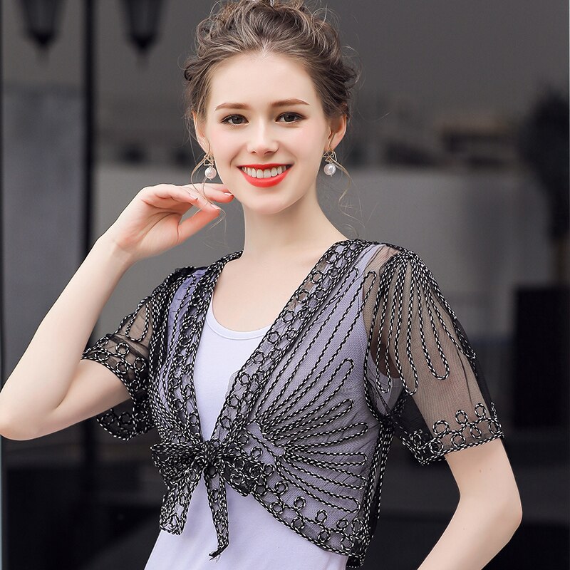 Blanc noir manches courtes veste de mariage boléro en dentelle pour les femmes haussement d'épaules pour les robes de soirée Cape mariée fête formelle manteau veste