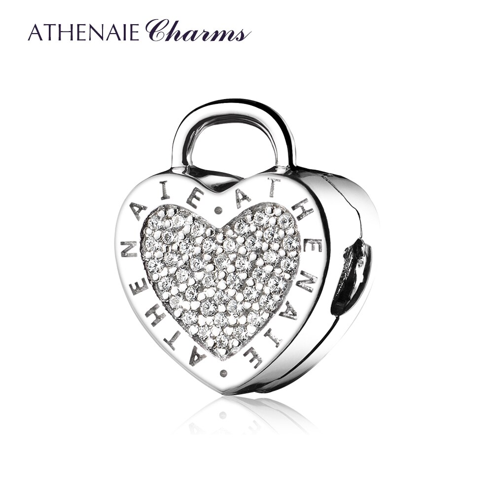 ATHENAIE 925 Sterling Silver Charms Pave Clear CZ Lock Your Promise Clip Stopper Beads Fit European Bracelet & Necklace Jewelry