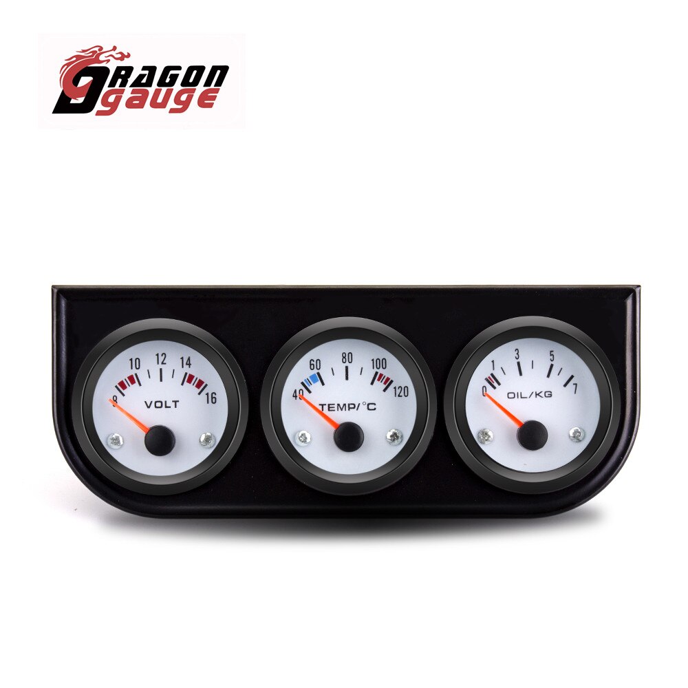 DRAGON GAUGE 52mm Car Triple Gauge Water Temperature(Celsius) Oil Pressure Voltmeter With Sensor Triple Gauge Kit for 12V Car: White