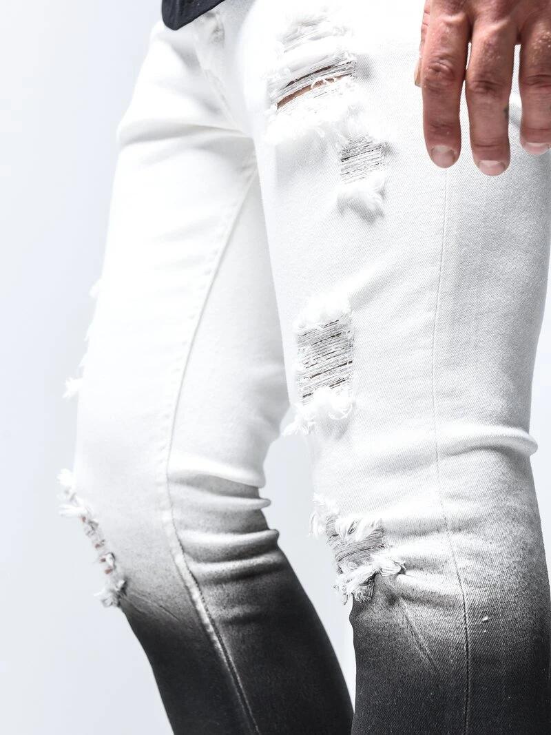 Jean Stretch déchiré pour hommes, pantalon en Denim, coupe Slim, Streetwear, dégradé blanc noir, crayon moulant