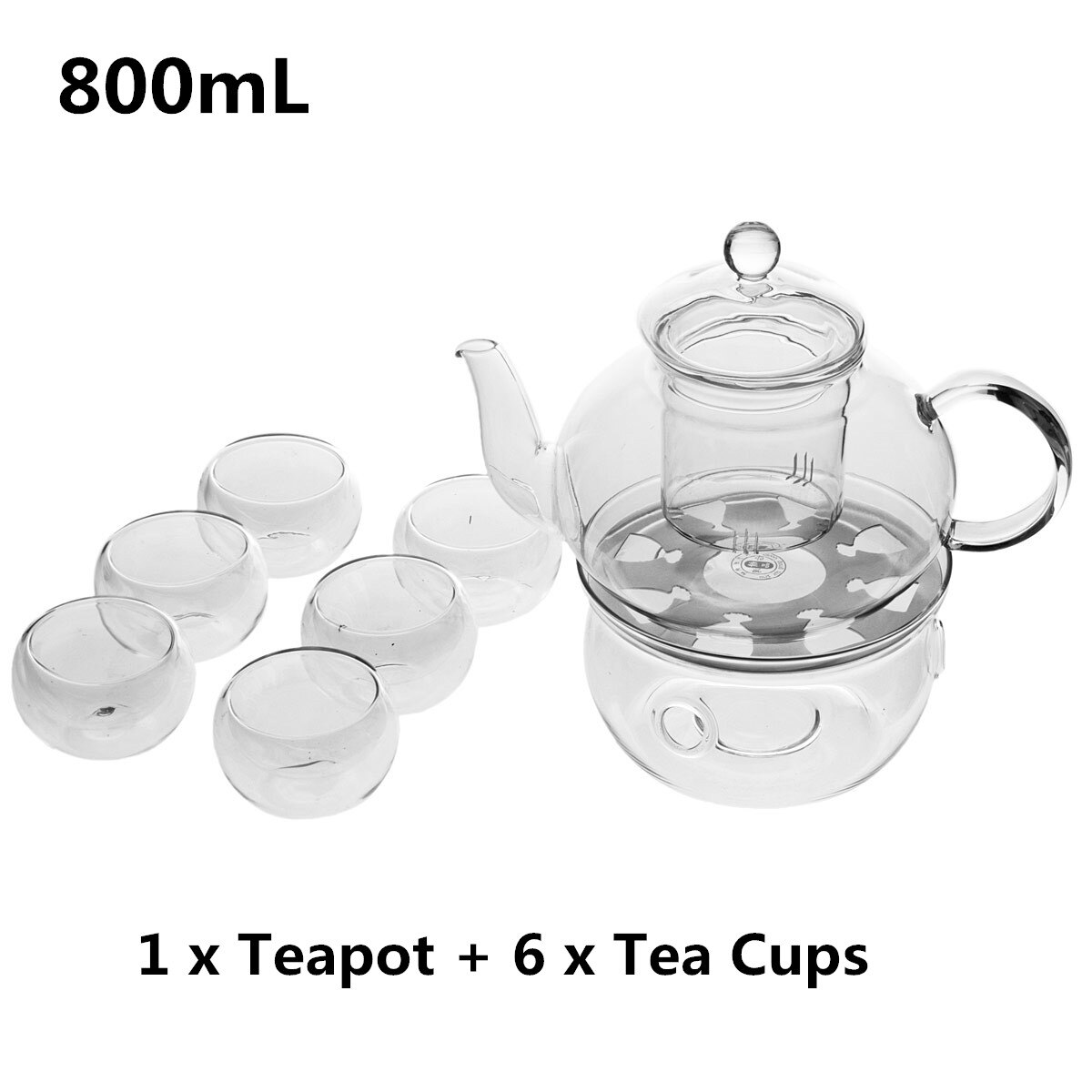 600ml/800ml Glass Teapot Set Kettle Heat Resistant Glass Tea Pot Infuser and Cup Set 6pcs Double Wall Glass Teacup Teaware: 800ml