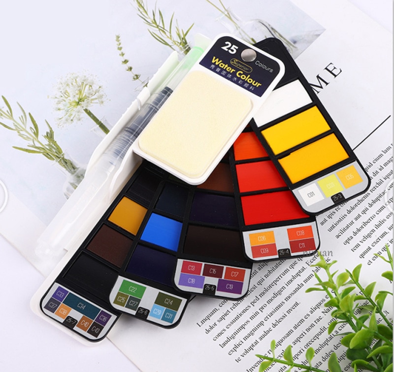 "Juego de pintura de acuarela sólida Superior 18/25/33/42 con pincel de agua plegable Color de viaje pigmento para dibujar acuarelas profesionales watercolor arte pintar"