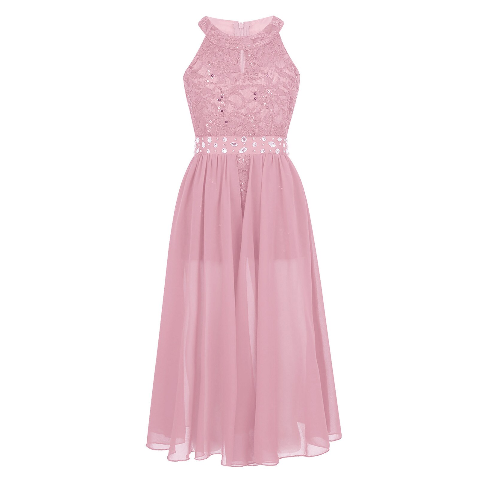 Meisjes Lyrische Dans Turnpakje Jurk Dancewear Mouwloze Bloemen Kant Strass Bruiloft Verjaardag Feestjurk: XS / Bruin